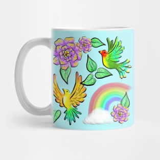 Birds Flowers and Rainbows Doodle Pattern Mug